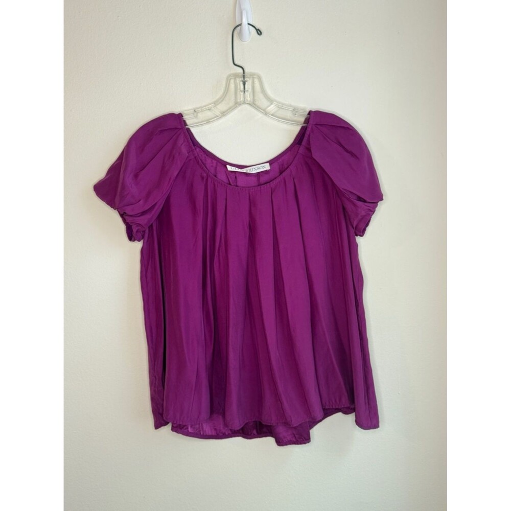 Ulla Johnson Magenta Pleated Silk Short Sleeve Flowy Relaxed Blouse